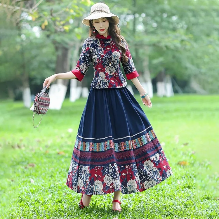 民国风套装盘扣民族风棉麻女旅游广场舞两件套（请手洗）