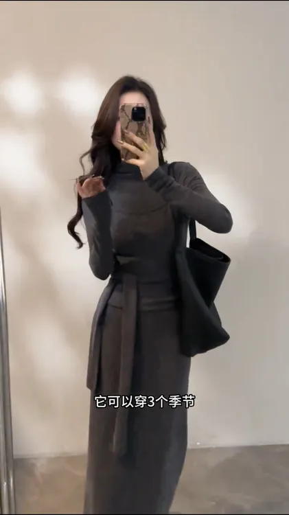【现货运费险】长袖假两件半高领长裙连衣裙气质百搭秋冬季显瘦时尚