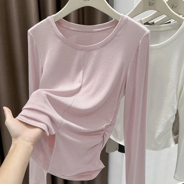 粉色显白少女感抽褶上衣女秋季新款开叉设计打底小衫套头T恤内搭