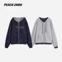 『PEACHZHOU』双面穿做旧字母印花宽松连帽外套休闲中性拉链卫衣