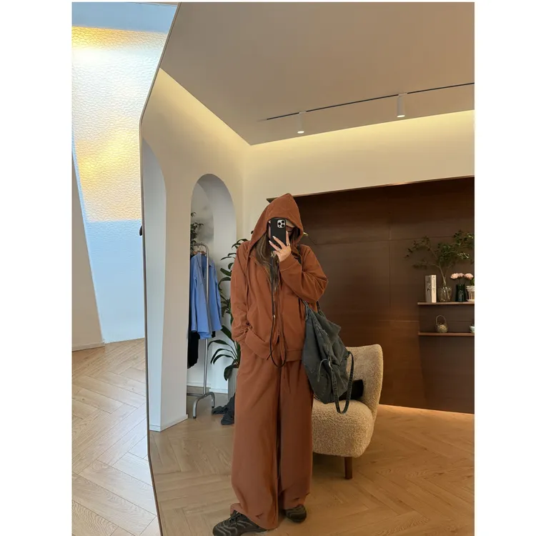 【瘦瘦】大码秋季连帽双头拉链卫衣+松紧腰长裤套装S01942