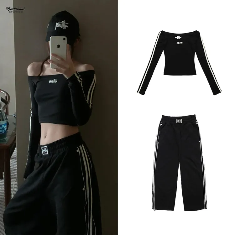 美式黑色休闲运动套装辣妹一字肩上衣阔腿拖地卫裤两件套韩系斜肩