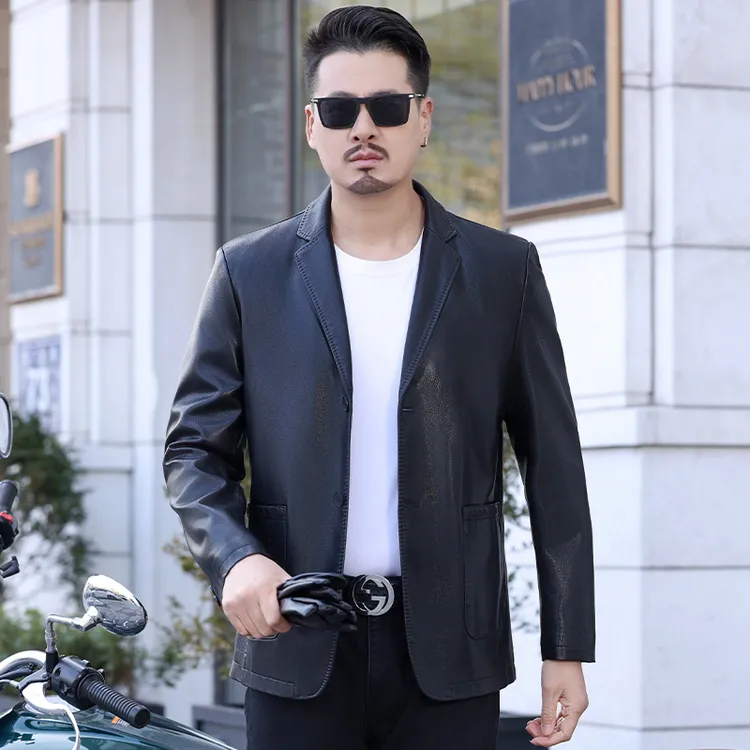 海宁皮衣男士西装休闲时尚帅气春秋百搭西服款男装皮衣外套2330