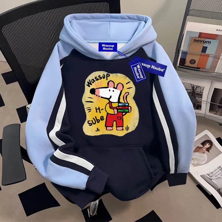 WASSUP HSUBE小众设计感拼接连帽套头卫衣趣味卡通休闲上衣情侣装