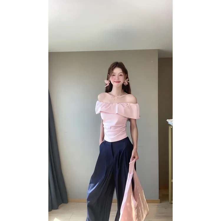 一字肩短袖T恤修身显瘦短款辣妹上衣阔腿休闲裤垂感长裤直筒裤子