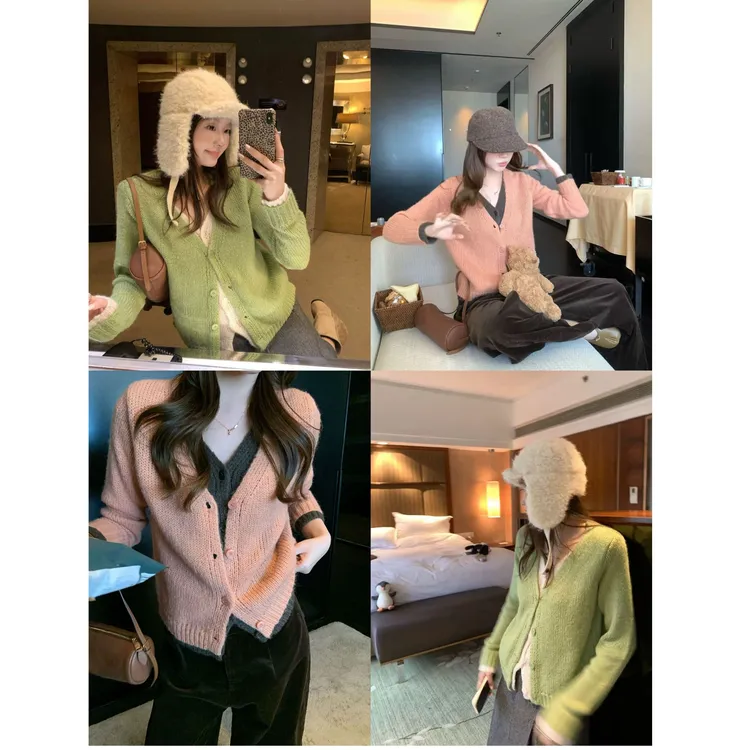 韩系时尚撞色假两件粗针软糯针织开衫毛衣V领长袖单排扣上衣