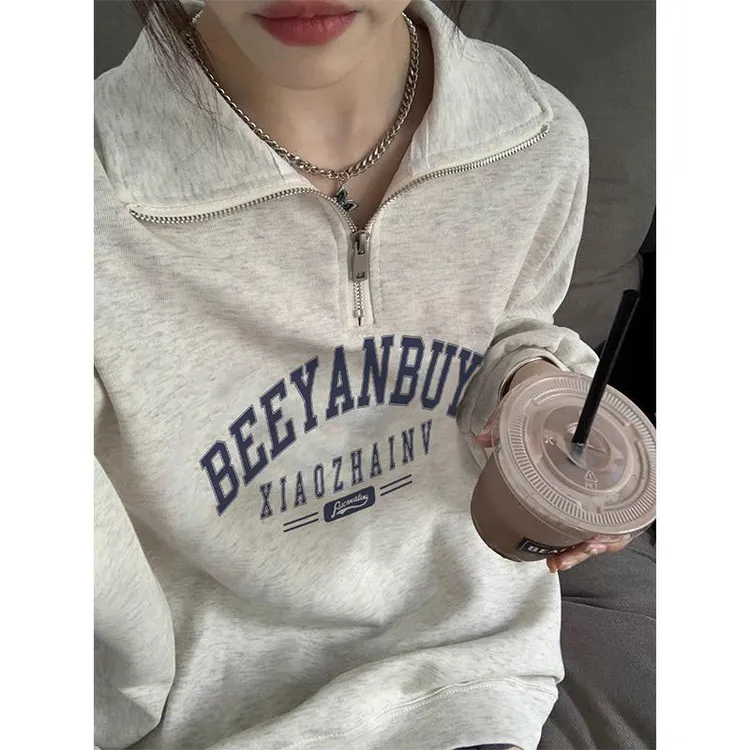 小众设计感半拉链Polo领卫衣女秋冬季慵懒风加绒加厚宽松外套上衣