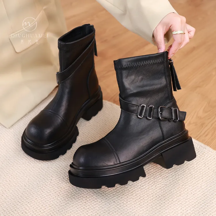 马丁靴女款2025秋冬新款增高百搭软底潮流英伦风机车黑色靴子