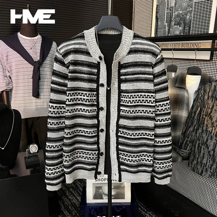 【HMEYAO】【费尔岛针织开衫】原创秋冬撞色复古提花圆领纽扣开衫外套