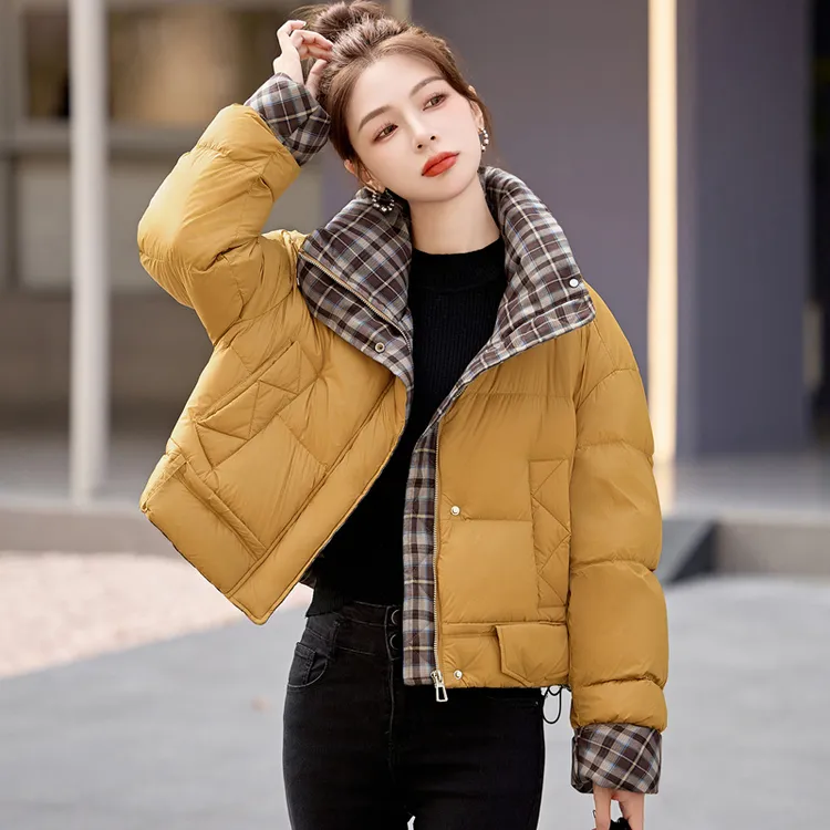 短款小个子羽绒服女冬2025新款宽松加厚洋气格子白鸭绒面包服外套