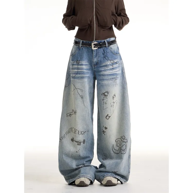 美式复古辣妹涂鸦牛仔裤女秋冬2025新款宽松显瘦百搭阔腿拖地裤子