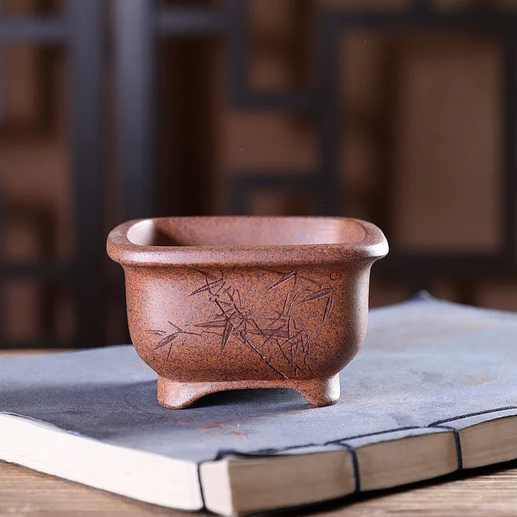『锦囊小四方』暖暖精选花盆原矿紫砂苏兵手工刻绘盆景柴烧窑变