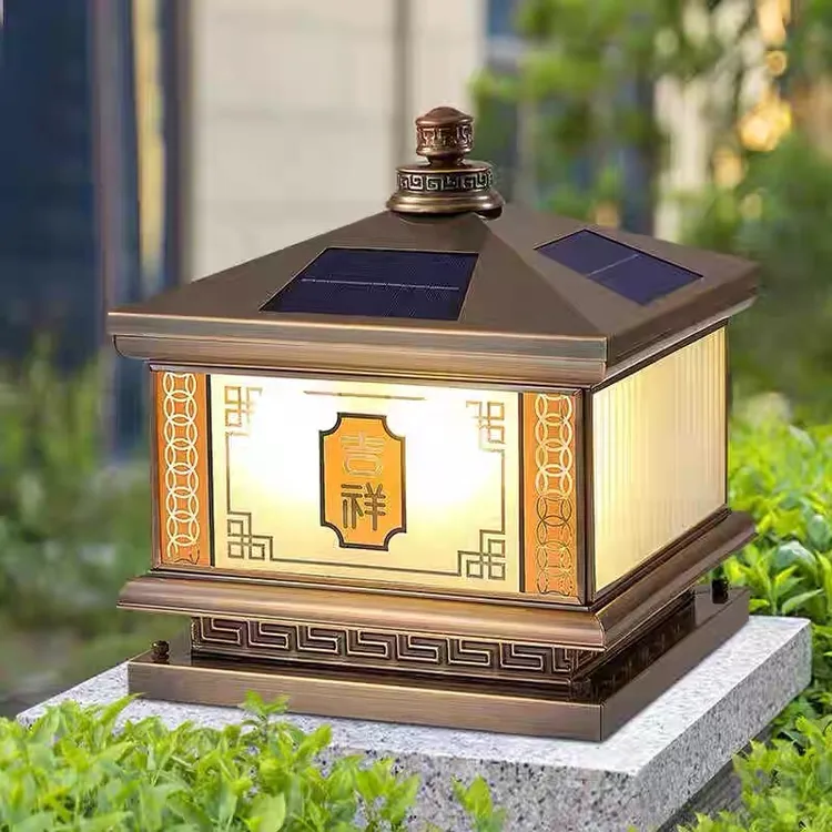 （买一送一）全铜新款防水户外太阳能柱头灯新中式庭院两别墅围墙灯