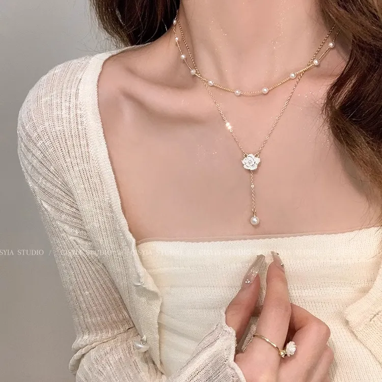 铜仿珍珠项链 山茶花珠珠叠戴项链高级轻奢双层满天星锁骨链颈链