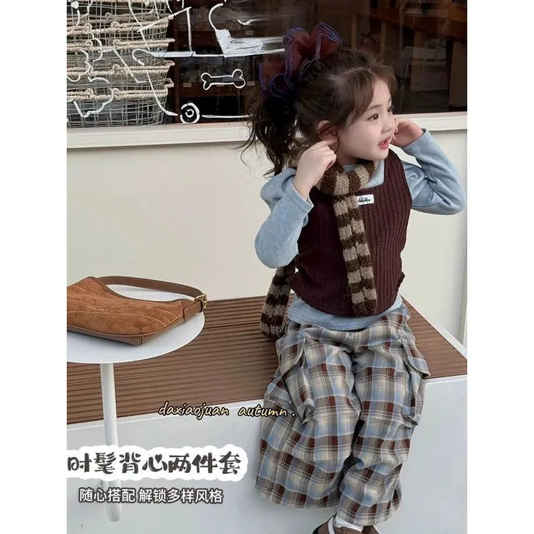 女童秋季女宝宝洋气背心两件套打底衫时髦洋气格子工装裤三件套潮