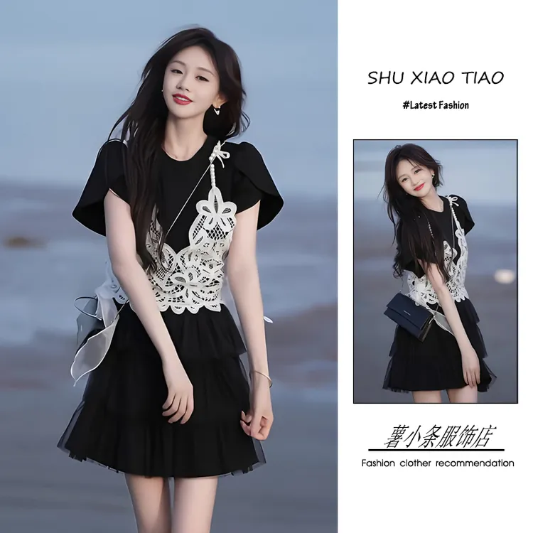 夏季2025新款一整套女装韩系设计感小众显瘦T恤蕾丝吊带蛋糕短裙