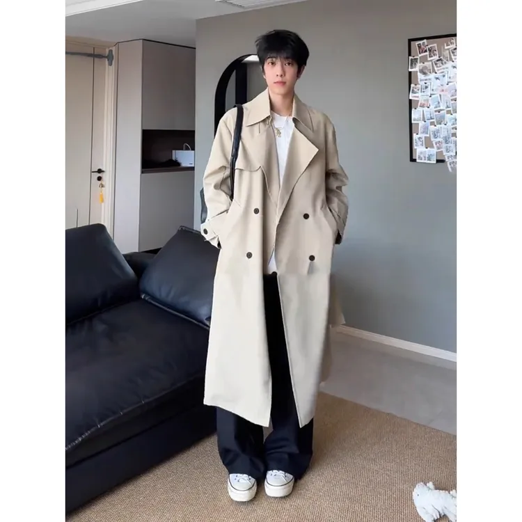米白色中长款风衣外套男秋季双排扣男生过膝大衣英伦风青少年夹克