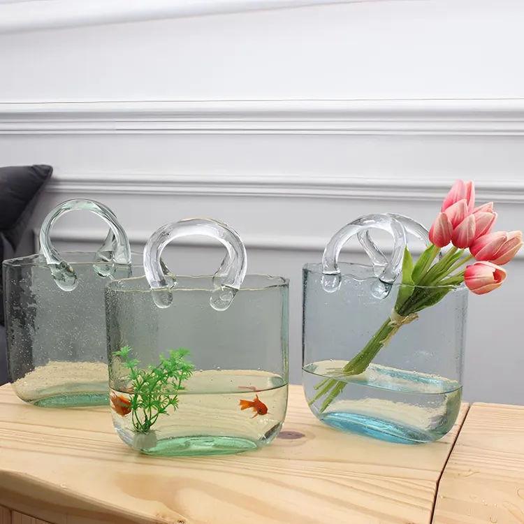 网红包包手提桌面金鱼缸客厅小型家用创意ins风透明玻璃花瓶ins