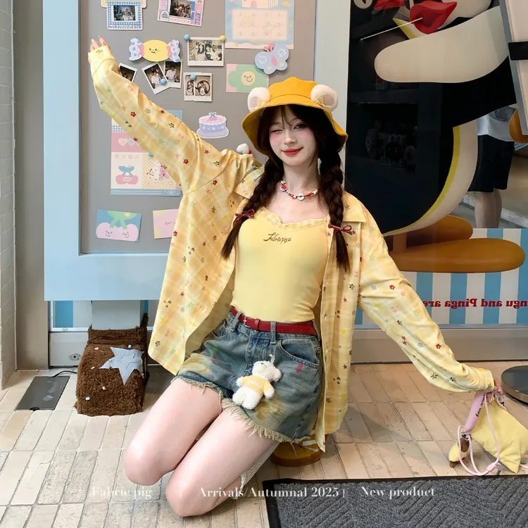 盛夏繁星 织物猪原创 甜美风休闲宽松印花格纹衬衫吊带女牛仔短裤