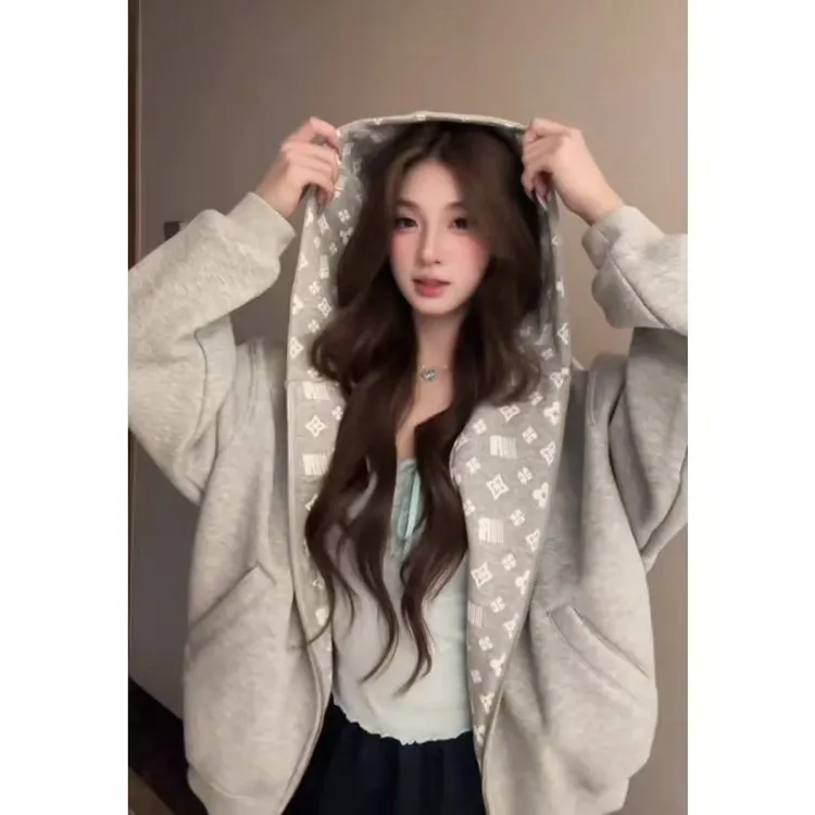 灰色开衫卫衣外套女2025新款秋冬宽松慵懒风高级感拉链连帽上衣