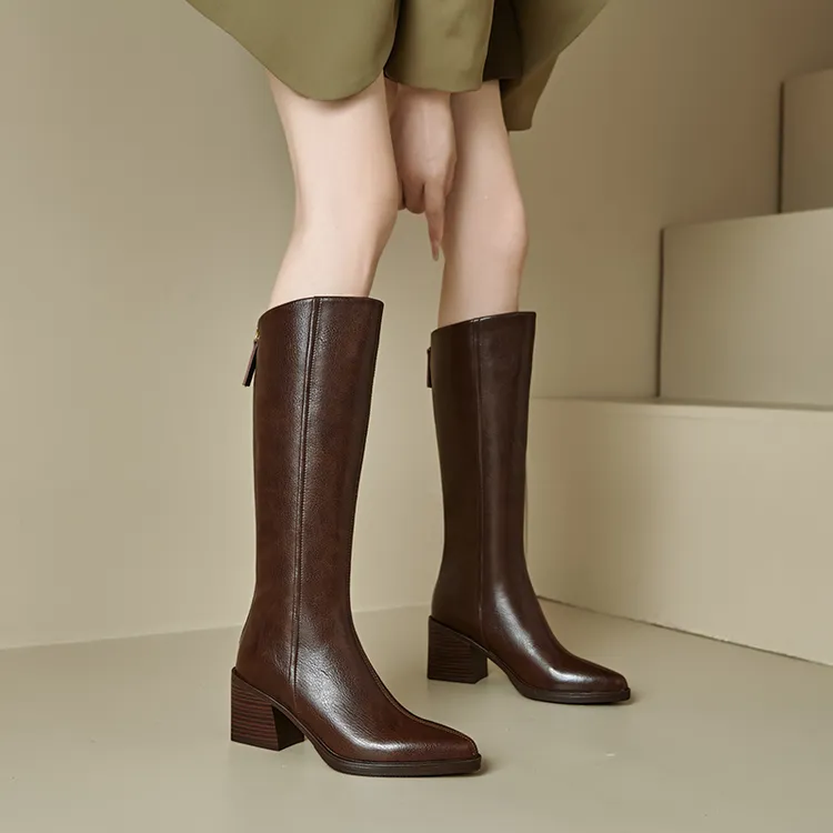 全牛皮棕咖色尖头长筒靴女25新款真皮高筒骑士靴粗高跟爆款靴子40