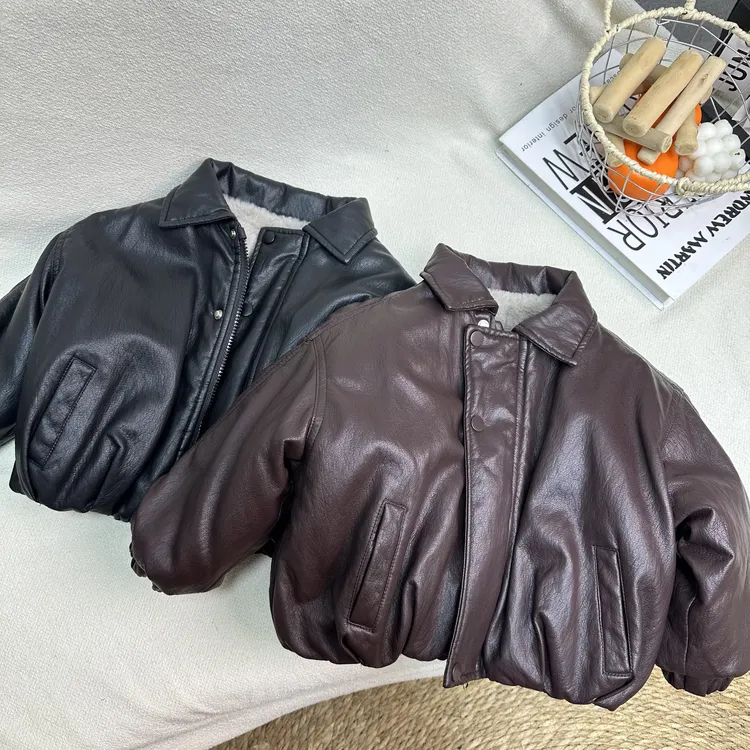 冬季韩版男女童帅气加厚仿兔毛工装复古风黑色机车儿童皮衣外套hf