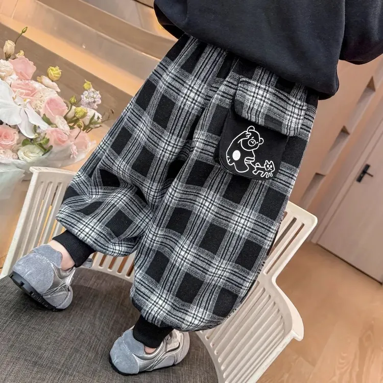 春秋季卡通格子束脚休闲长裤时尚洋气女童早秋衣服