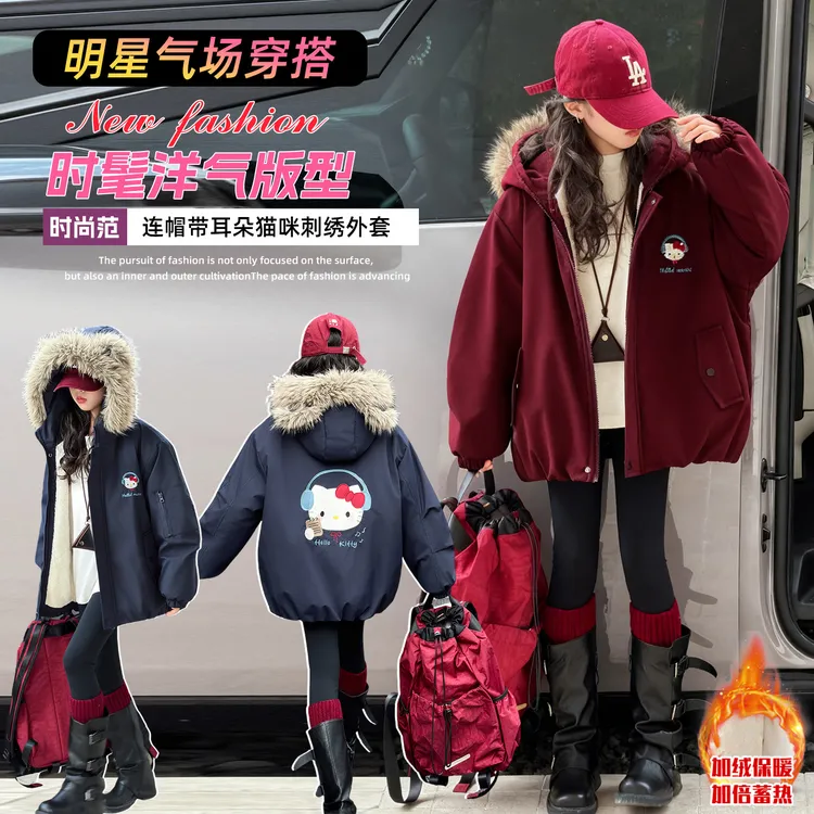 女童冬季新款卡通猫咪加绒加厚外套6-15岁小女孩连帽宽松派克服潮