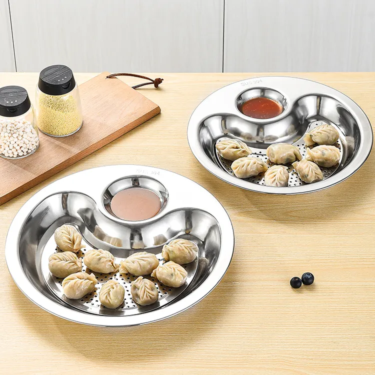 304新款饺子盘沥水双层盘饺子专用盘带蘸碟餐盘家用盘子餐具圆盘