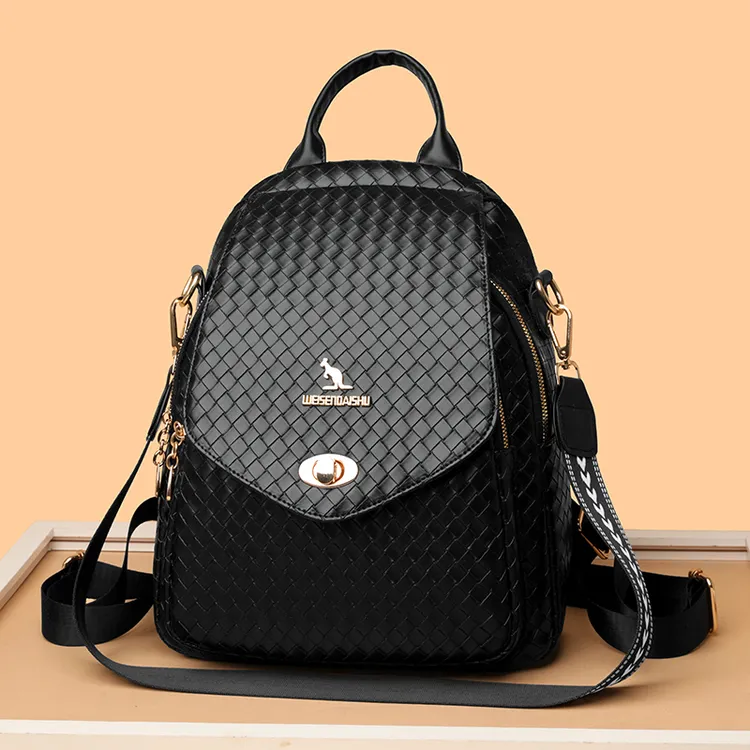 正品威森袋鼠软皮双肩包女多用女士单肩小包编织纹外出百搭女背包