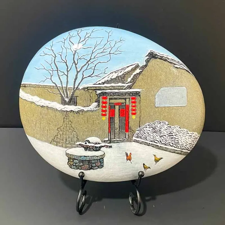 端纯手绘防水不掉色丙烯石头故乡雪景节日礼品精品摆件