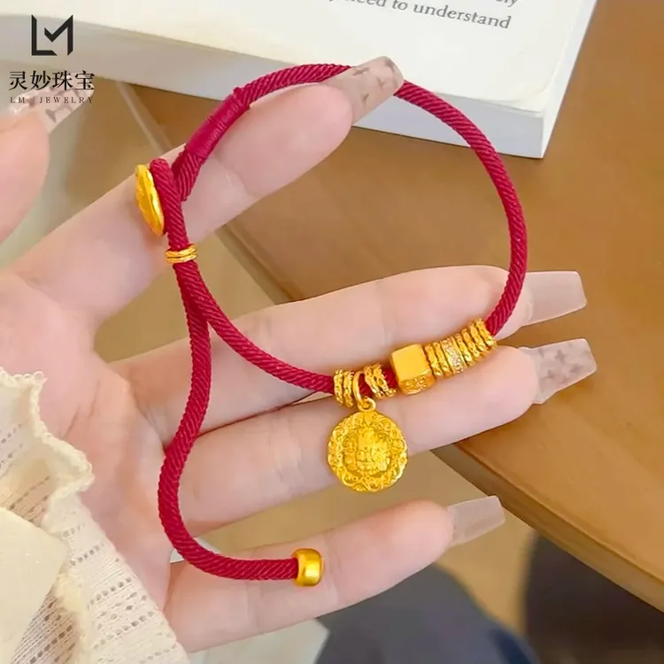新中式999古法点钻黄财神盘缠红绳手链圆牌小滴溜手串国风女