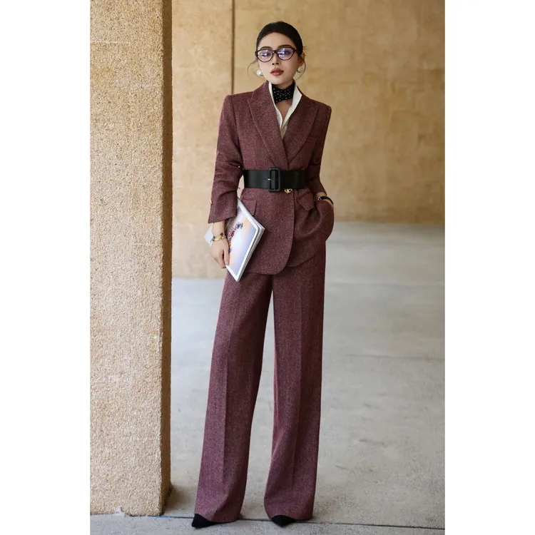 ZEROYK英伦风商务职业套装高级感羊毛混纺修身显瘦西服长裤两件套