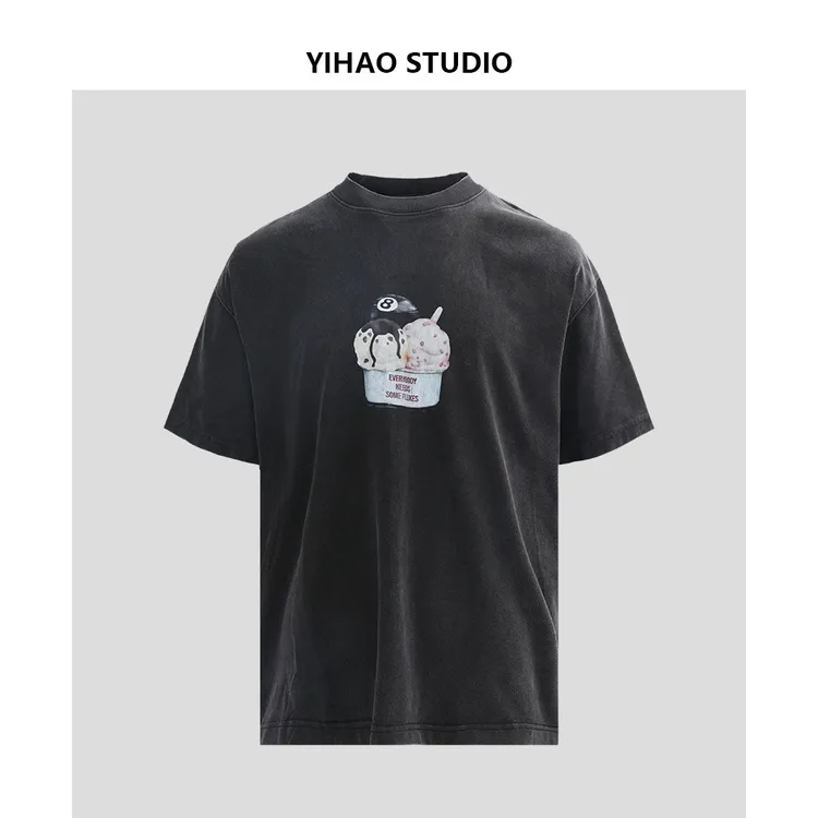 YIHAO STUDIO夏季男款冰淇淋印花短袖T恤休闲百搭宽松圆领半袖
