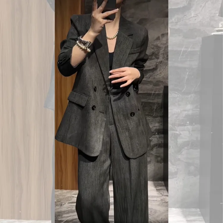 胖妹妹时尚流行灰色西装套装裤女春秋款通勤气质ootd韩系两件套