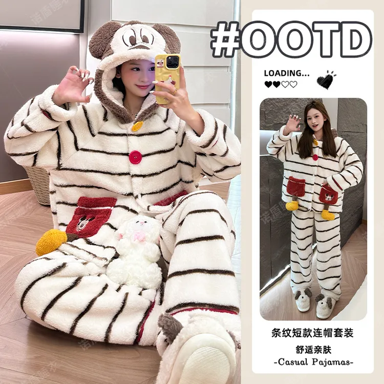 珊瑚绒2025年新款冬季睡衣女加绒加厚保暖高颜值可外穿家居服套装