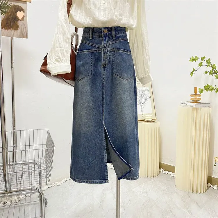 显瘦高腰半身裙A字牛仔裙复古做旧设计感春夏韩版短裙中长款宽松