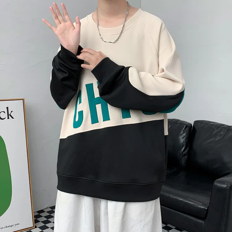 撞色拼接加绒长袖t恤男士春秋款冬季潮牌加厚休闲打底衫国风卫衣