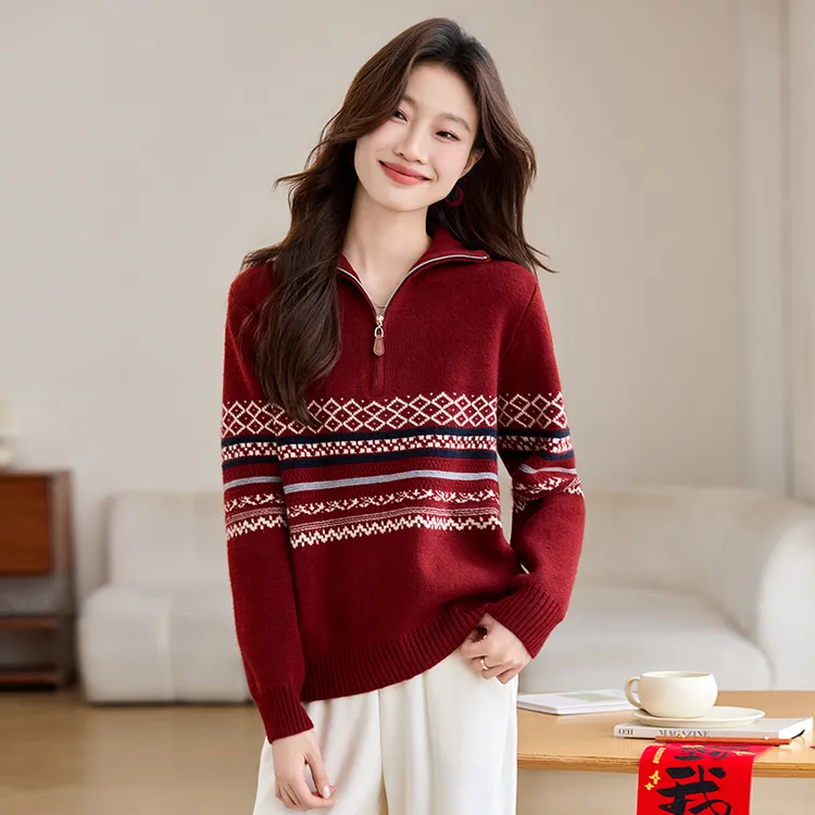 正品哥弟新款冬季加厚长袖羊毛衫洋气拼色保暖翻领休闲针织衫上衣