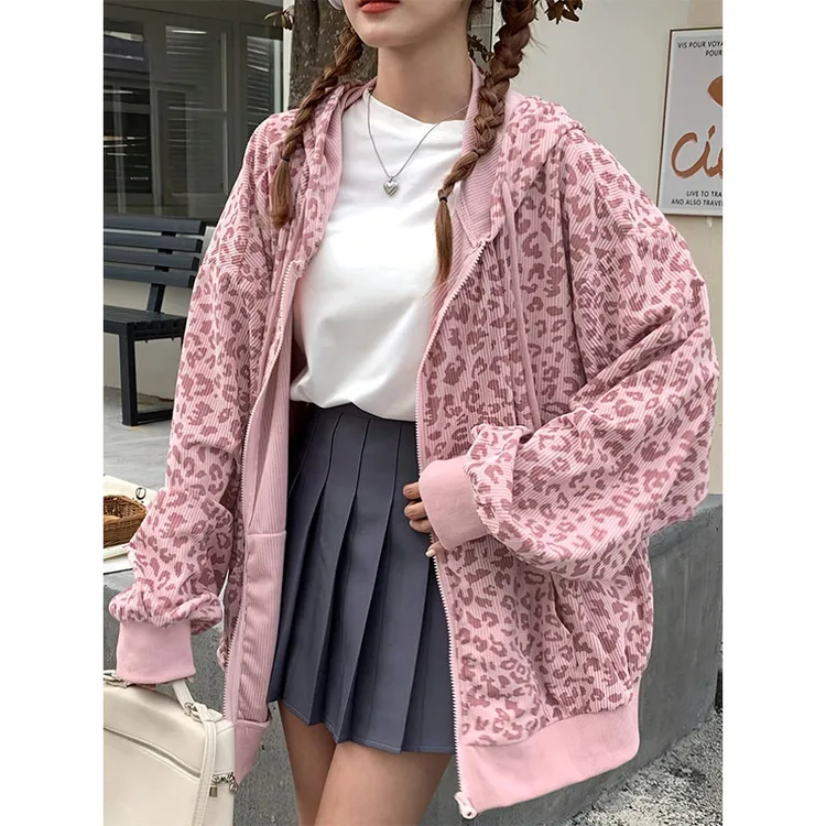 粉色豹纹开衫连帽薄款卫衣女秋冬季欧货时尚宽松慵懒风中长款上衣