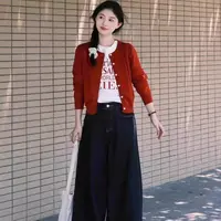 【莹莹推荐】韩版穿搭安哥拉红开衫短款毛衣女秋冬宽松慵懒风套装