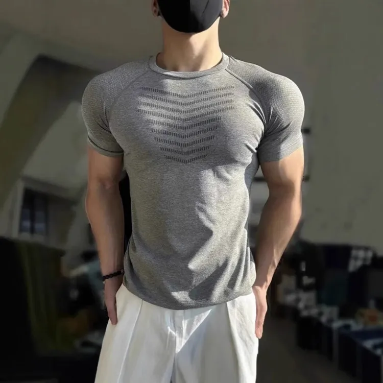 新款无缝提花运动收口鲨鱼纹短袖速干训练健身弹力修身圆领T恤男