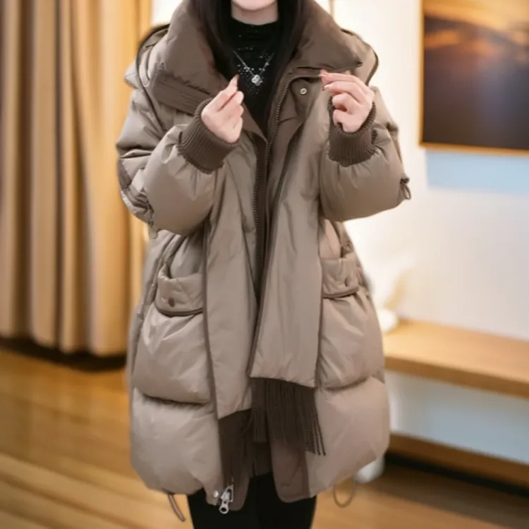 2025冬季新款高端洋气白鸭绒时尚宽松大码加厚保暖围巾连帽羽绒服