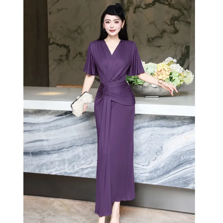 欧美法式女装夏弹力收腰包臀优雅荷叶短袖清凉顺滑女神长裙连衣裙