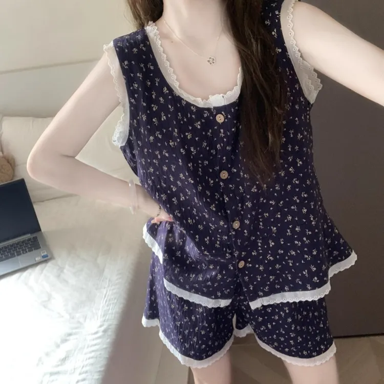 带胸垫睡衣女款夏季云朵棉甜美小碎花吊带短裤背心外穿家居服套装