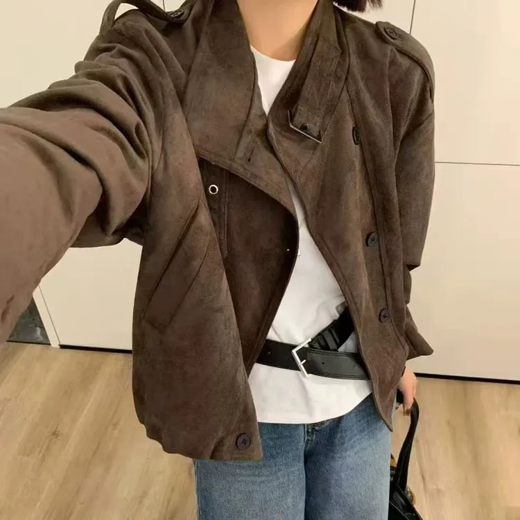  美式复古麂皮绒风衣外套女欧货2025秋季新款时尚休闲宽松夹克..