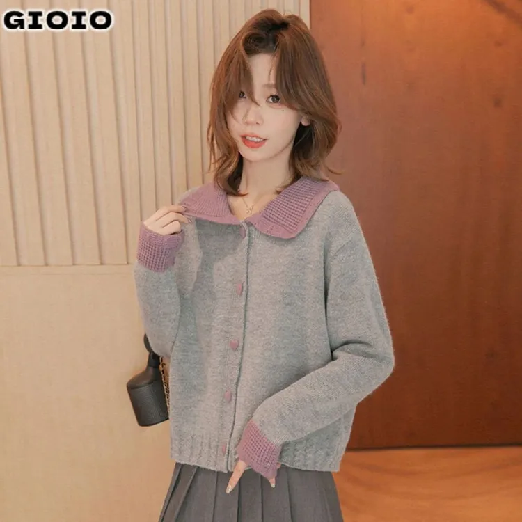 GIOIO撞色拼接翻领针织衫女春装2025新款毛衣女小众设计感温柔开