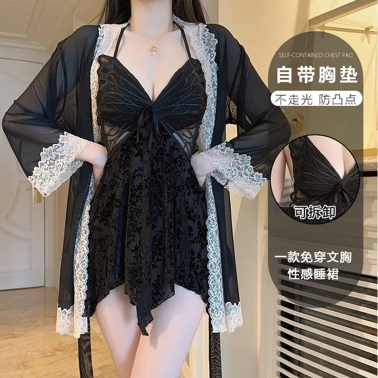 【自带胸垫】黑色性感纯欲蕾丝镂空睡裙微胖女约会免穿文胸显瘦睡衣