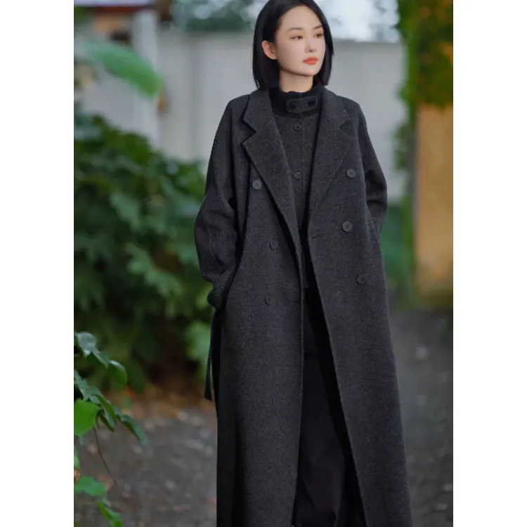 25003【现货】秋冬新款双面绒羊毛呢大衣女中长款过膝毛呢外套2025