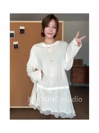 X.x.设计感不规则假两件拼接蕾丝长袖宽松休闲百搭打底衫2335